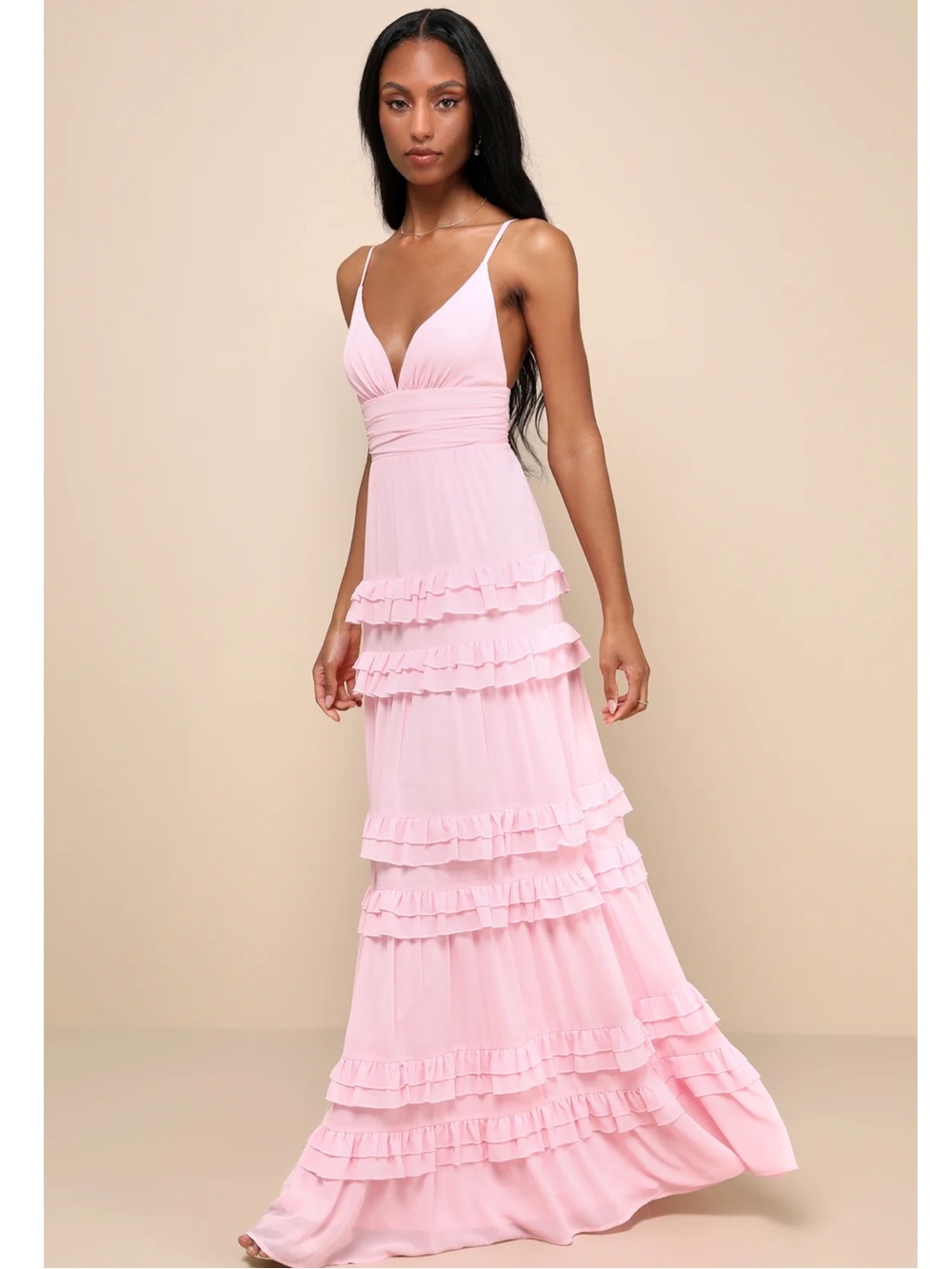 Lulus Lavish Perfection Light Pink Ruffled Tier Chiffon Maxi Dress NWT XL